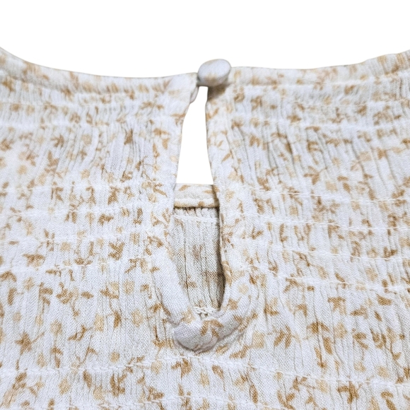 Boho Floral Smocked Mini Dress Beige Prairie Core Ruffle Hem XS Long Sleeve - Picture 4 of 11